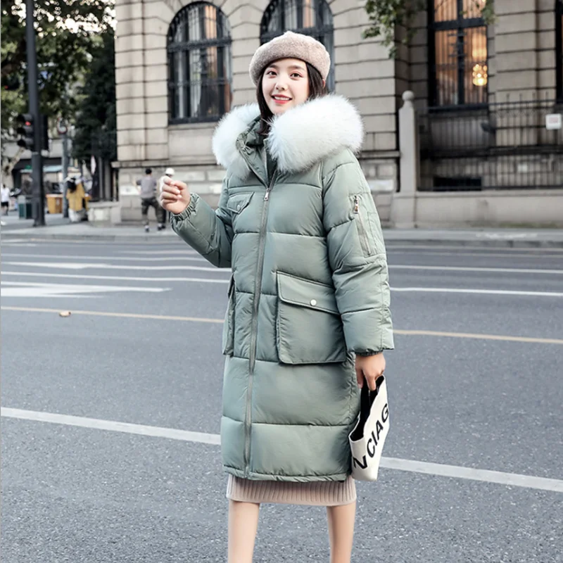 

winter female new medium long cotton clothes fashion slim big collar hooded down jacket lady thick pure color warm leisure coats