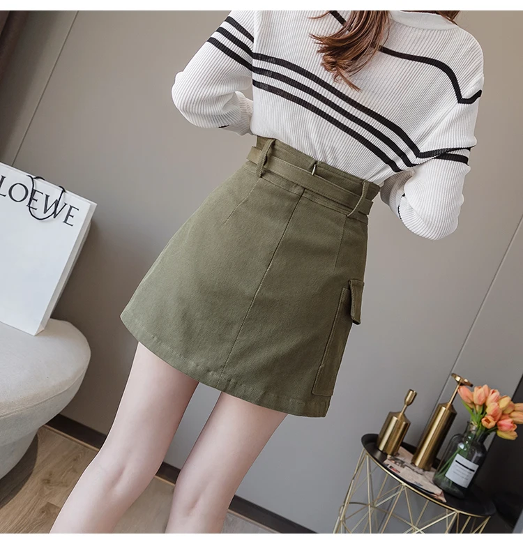 Trytree Autumn Women Casual Empire Short Skirt 5 Colour A-line Fashion Elegant Pockets Button Belt Mini Office Lady Short Skirt