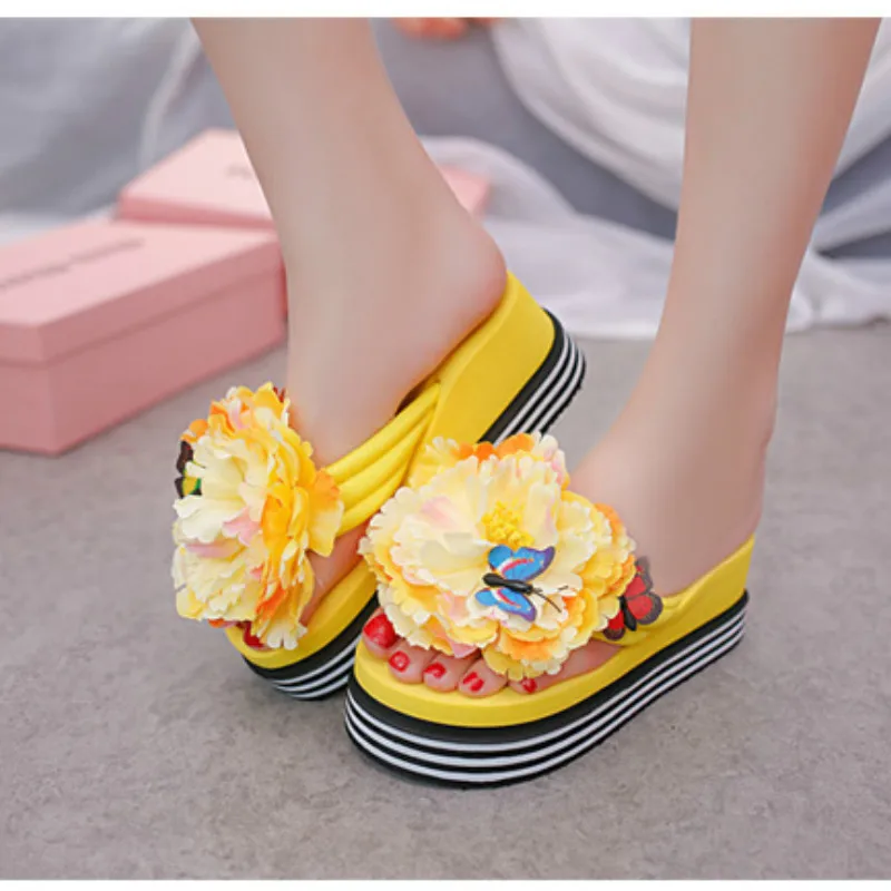 

Summer New 2020 Fashion Slides Flowers Butterfly Flip Flops Wedges Shallow Summer Outside High Quality High (5cm-8cm) Leisure