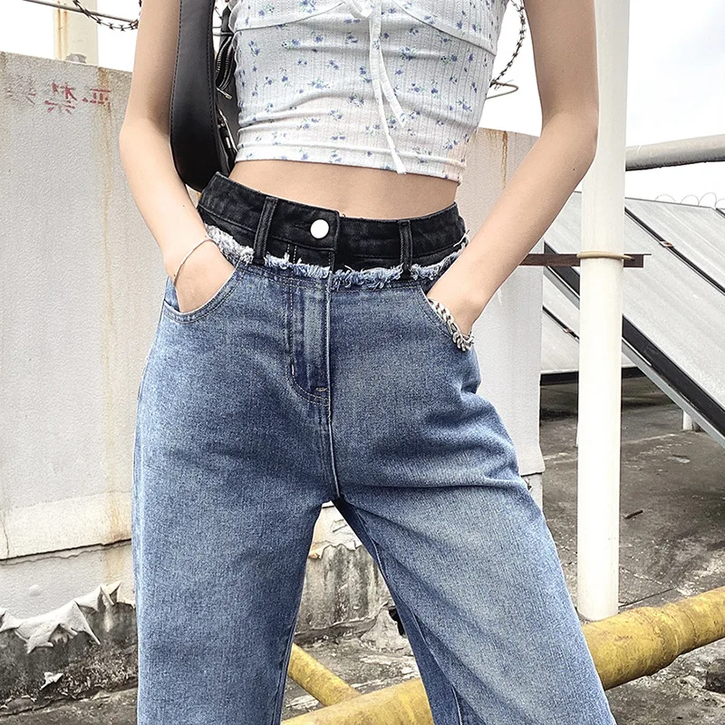 

Women's Stitching Pants Loose High Waist Fashion Casual 2021 Spring and Summer Newest Denim Straight Jeans Pants for Women