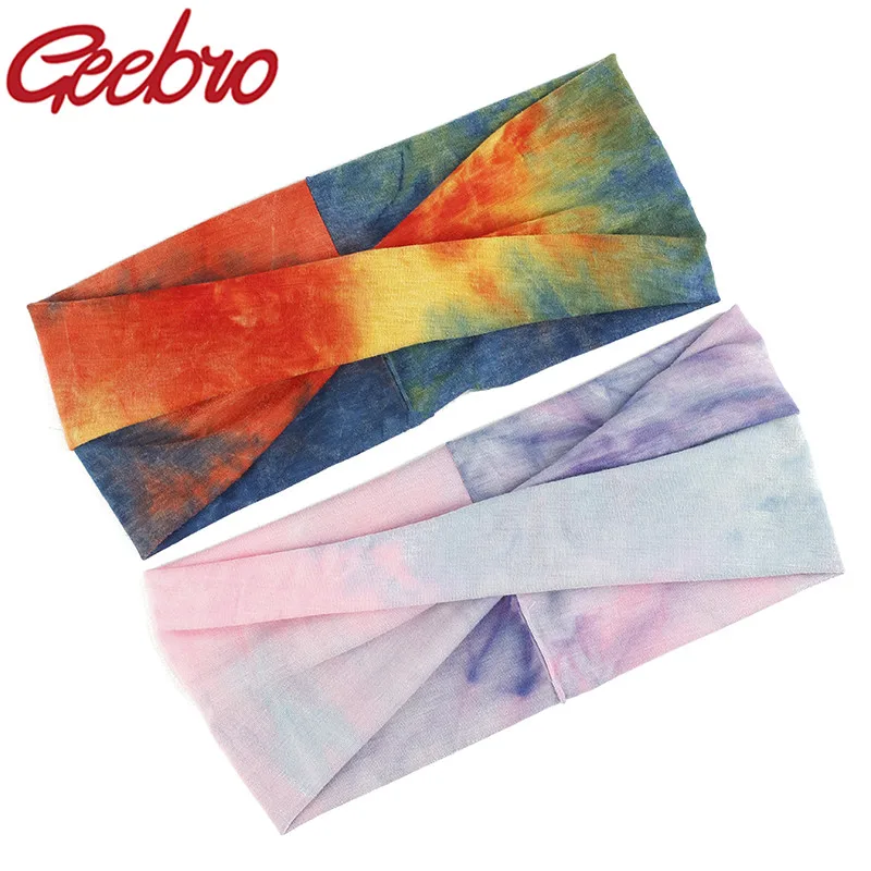 

Geebro Women Bohemia Headband Vintage Cross Knotted Wide Hairband Cotton Elastic Stretch Tie Dye Girls Hairband Sports Headwear