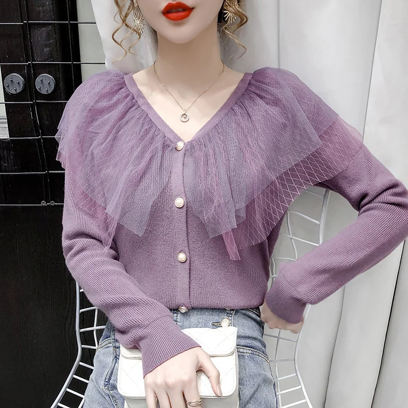 

HYHY 2021 Autumn and Winter New Korean Style Pullover Patchwork Lace Slim Bottoming Shirt Knitwear Top