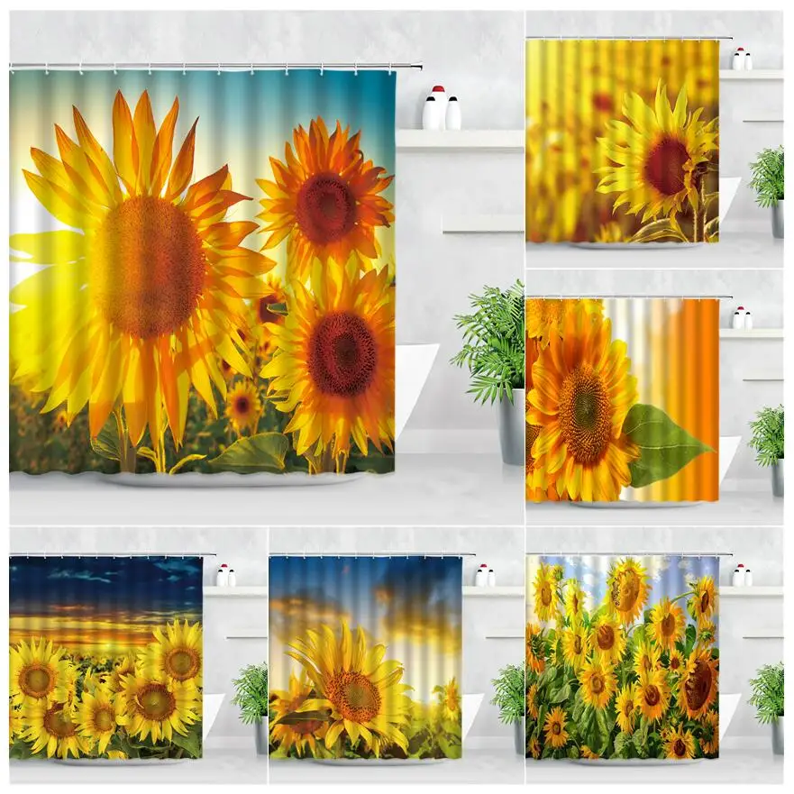 

3D Floral Sunflower Shower Curtain Set Sunshine Yellow Flowers Green Leaf Natural Scenery Modern Fashion Decor Bathroom Curtains