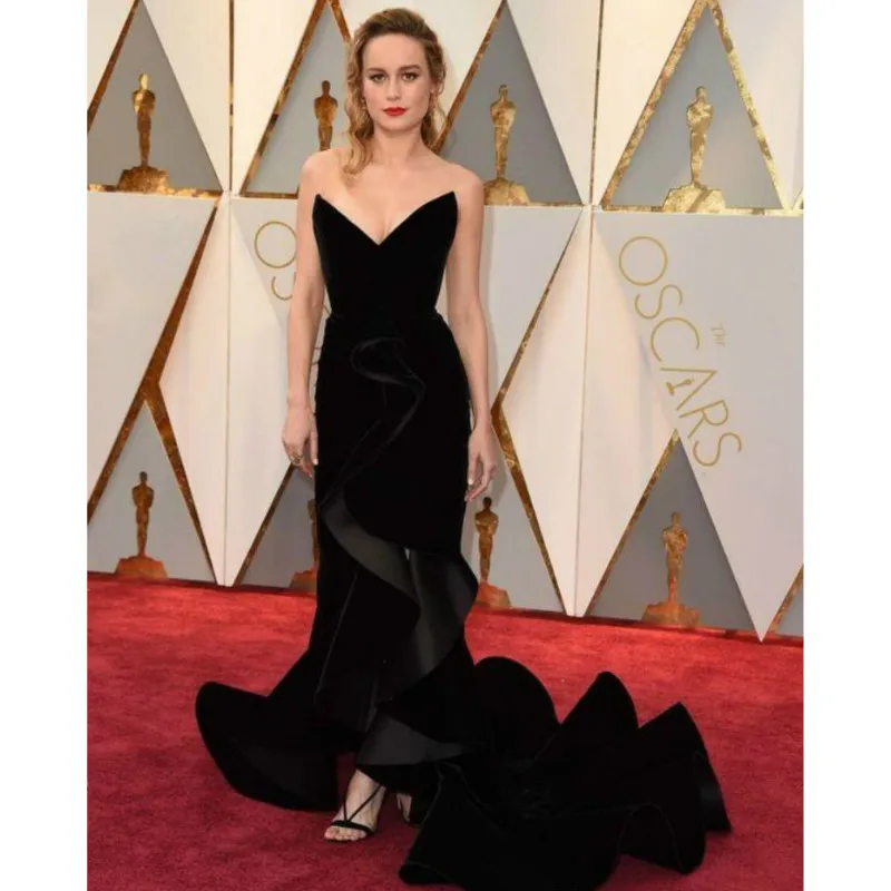 Вечерние платья с юбкой годе черное бархатное платье знаменитости Brie Larson красной