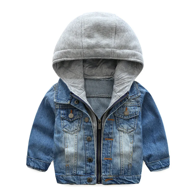 

Boys Hooded Long Sleeve Washed Blue Jeans Jackets Color Patchwork Casual Fashion Zipper Closure Jeans Coats