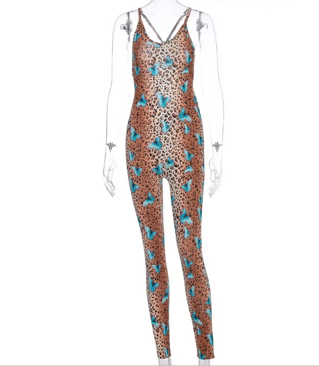 

women sexy Butterfly print Leopard jumpsuits new elastic skinny fitnees sporting bodysuit back bandage hollow out sexy romper