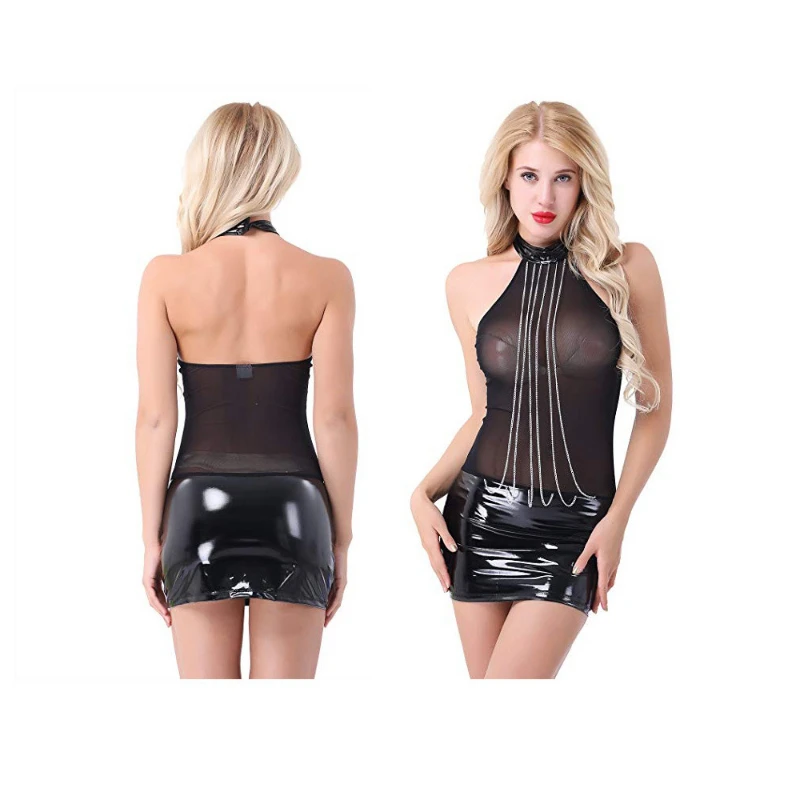 Transparent Latex Catsuit Sex Leotard Sexy Lingerie Leather Sexi Women Bodycon Dress Erotic Underwear Ladies Bodysuit Chain Belt |