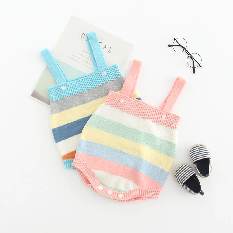 

spring Strap Trousers Newborns baby Overalls Boys girls rainbow Stripe Knit Rompers Toddler Jumpsuits Outfits Kids Clothes New