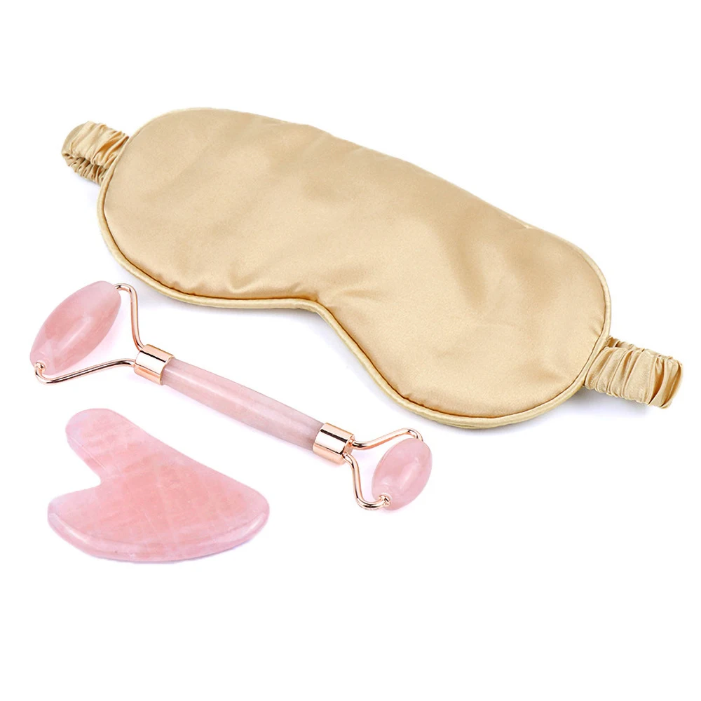 

3 in 1 Rose Quartz Powder Crystal Jade Roller Massage Spa Natural Pink Handmade Gua Sha Stone Facial Beauty Device