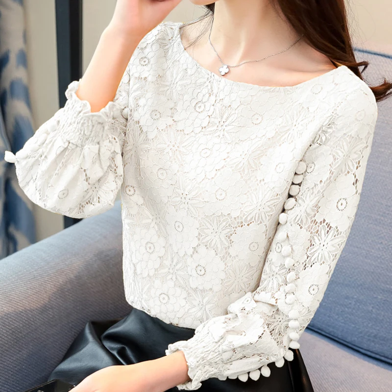 с длинным рукавом круглым вырезом и вышивкой Женская белая кружевная блузка 2019