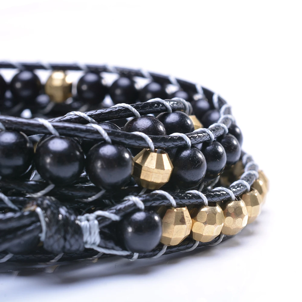 

Boho Handmade Jewelry Natural Ebony Beaded Bracelet Vintage Brass Multilayer Wrap Bracelets for Women Men Gift Dropshipping