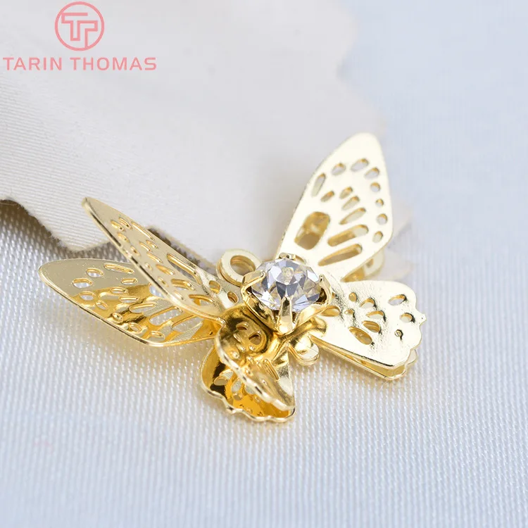 Латунные подвески в виде бабочки 6 шт. 20 х13 мм 24 К золотого цвета со стеклом стразы