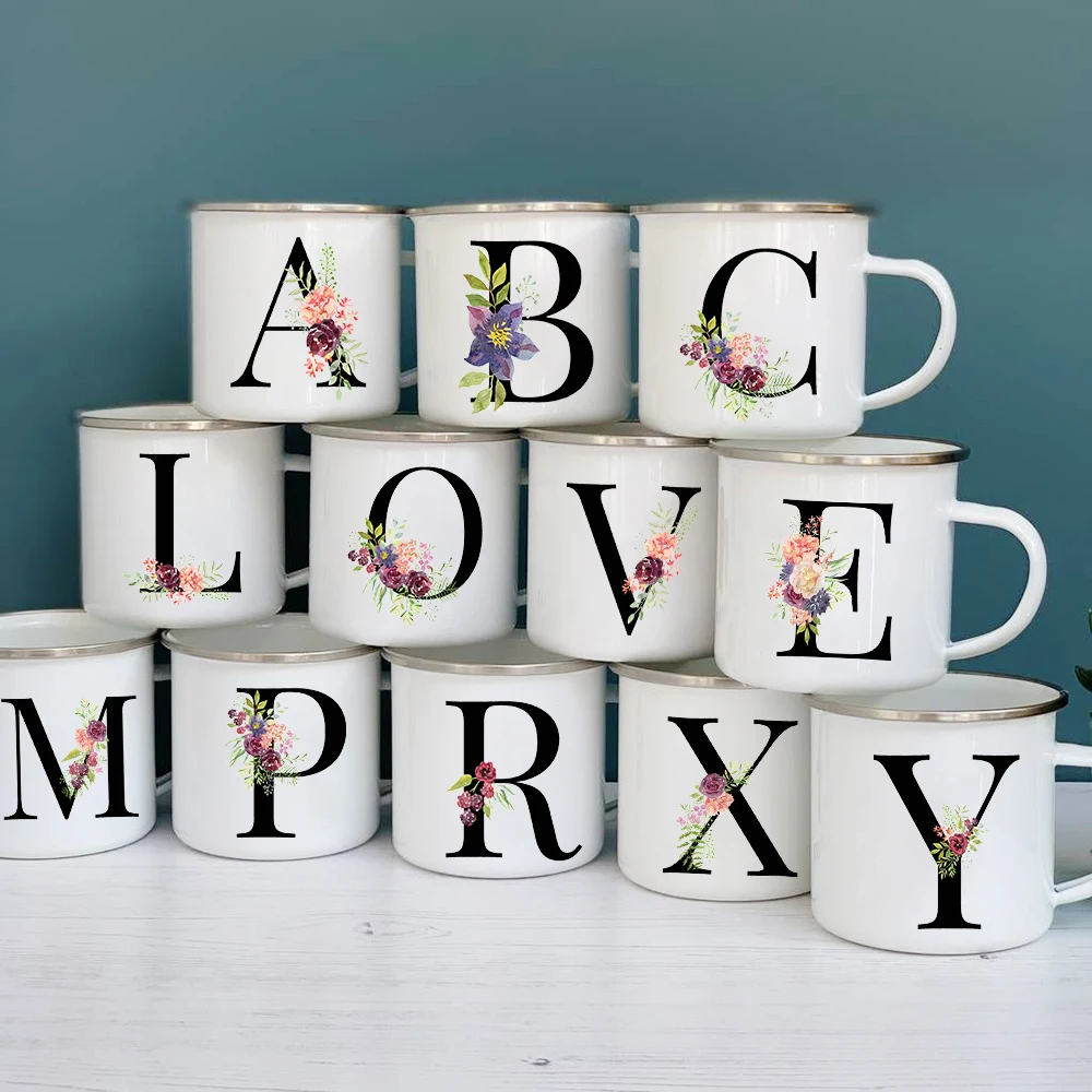 

Alphabet Flowers A-Z Enamel Coffee Tea Mugs Home Breakfast Dessert Milk Oat Cups Creative Camping Drinks Water Mug Best Gifts