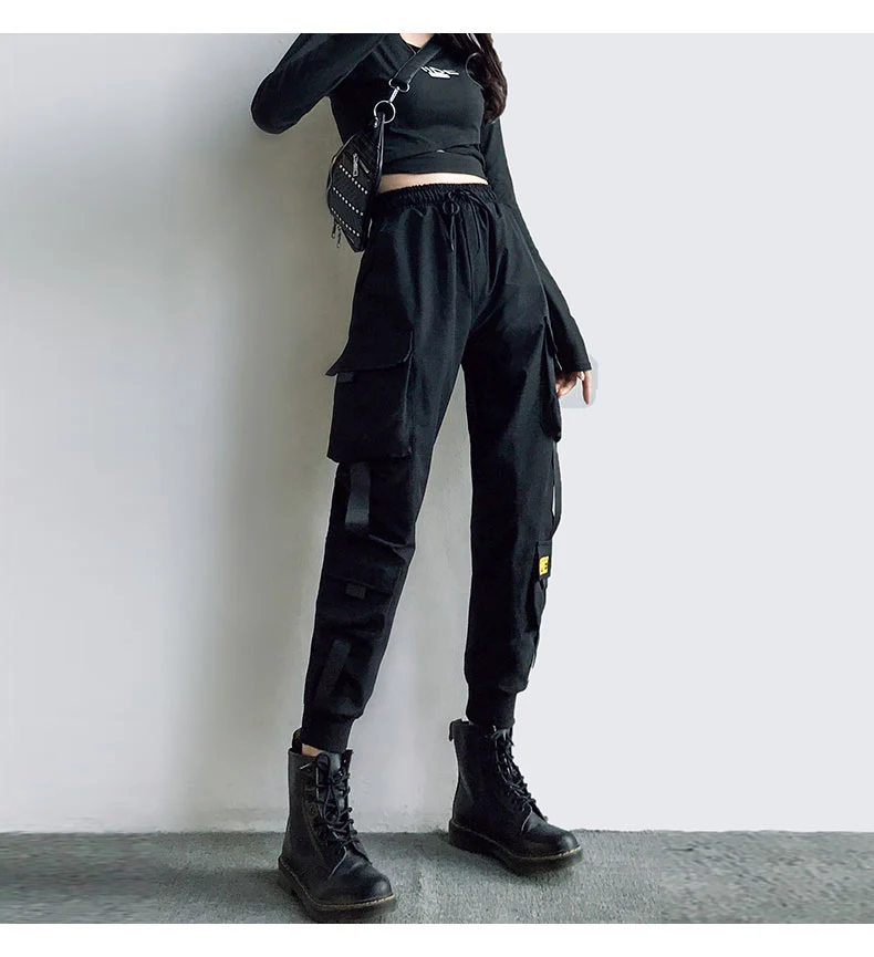 

Streetwear Cargo Pants Women Casual Joggers Black High Waist Loose Female Trousers Korean Style Ribbon Ladies Pants Dropshipping