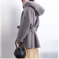 woman gray coat with real fox fur hooded trim loose warm wool blended plus size coats ladies belt jacket oversize outwear female