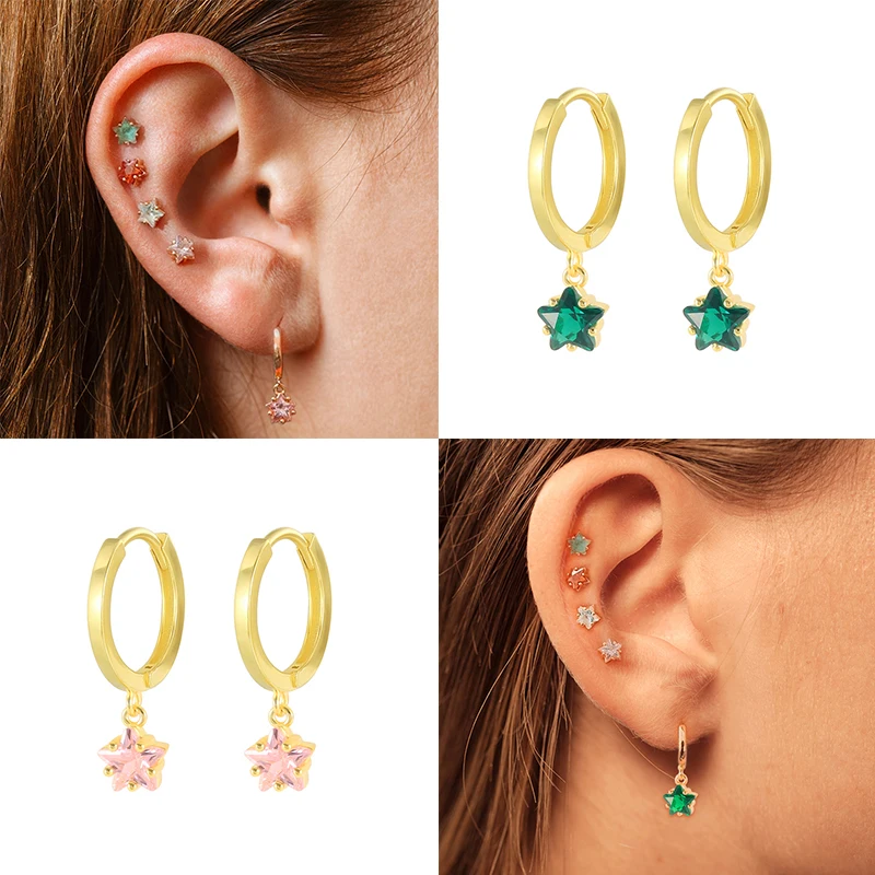 

Colors Crystal Stars Hoop Earrings for Women Girls Lovely Birthday Gift Sterling Silver Five-angle Star Earring Jewelry Fashion