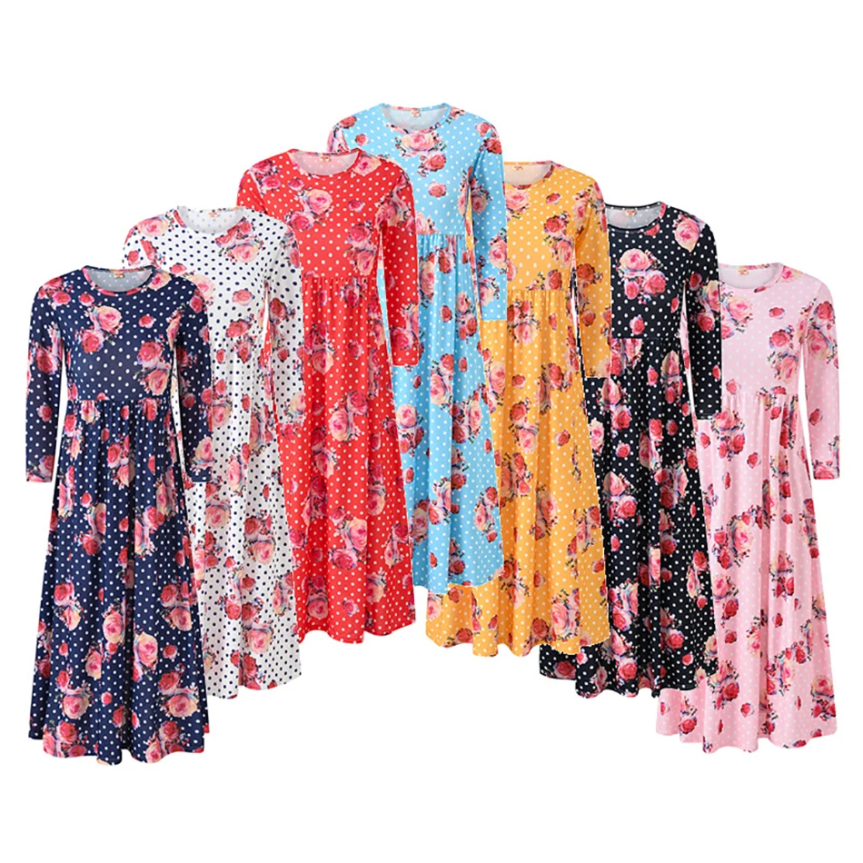 

Baby Girl Long Sleeves Floral Dress Little Girls Flower Print Midi Robe Kids Ankle Length Spring Autumn Costumes Holiday Outfits