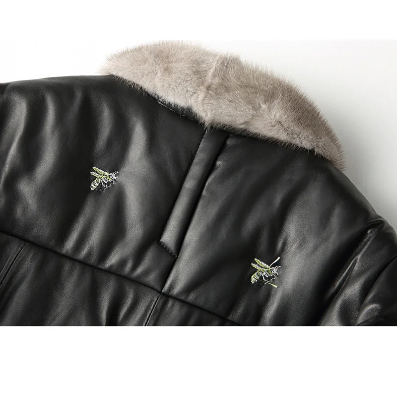 High Quality Black Printed Autumn Winter Mink Fur Collar Long Sheepskin Fur Down Coat SheepSkin White Duck Down Office Jacket