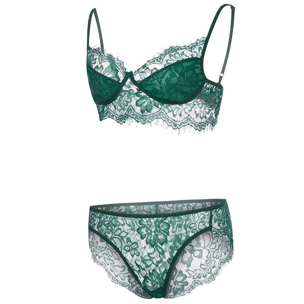 Модный Зеленый женский сексуальный комплект с бюстгальтером кружевной ажурный