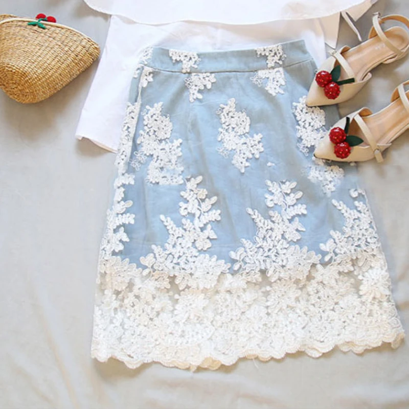 

Female High Waist Sexy Slim Elegant All-match Skirt Office Women Summer Flower Print Denim Mesh Patchwork Fashion Casual Skirts