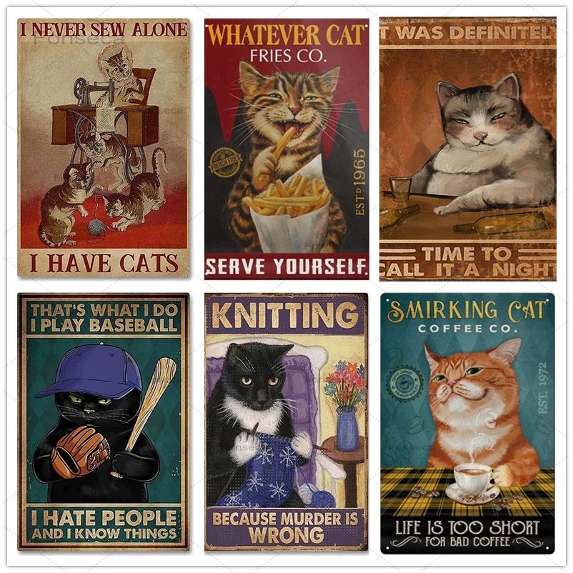 

Smirking Cat Metal Tin Sign Funny Animals Wall Plaque Retro Coffee Shop Bar Club Pub Home Decoration Iron Painting 20X30Cm