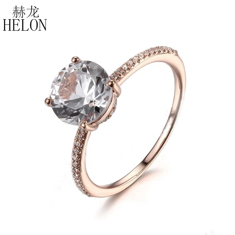 

HELON Solid 10K Rose Gold Flawless Round 8mm Genuine White Topal Diamond Engagement Ring Women Wedding Trendy Gemstone Jewelry