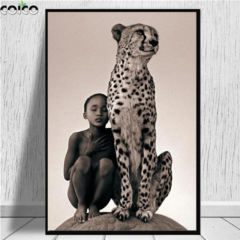 

Boy and Leopard Art Canvas Painting Wall Prints Morden Nordic Character Animal Room Decorative Print Picture Home Decor Poster
