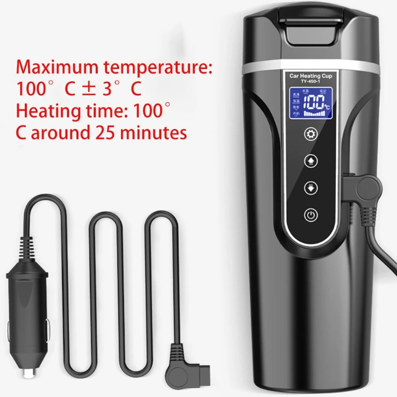 

450mL Stainless Steel Car Heating Cup 12V 24V Portable Electric Water Cup Warmer Car Kettle Coffee Mug LCD Display Temperature