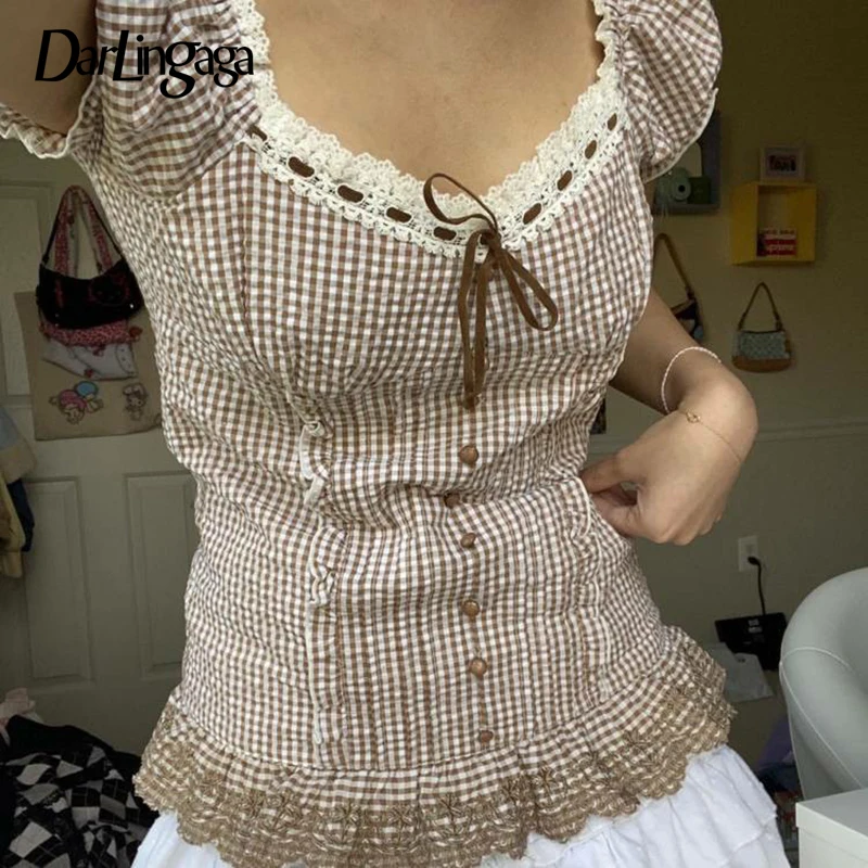 

Darlingaga Y2K 90s Aesthetic Retro Lace Trim Plaid Short Sleeve T shirt Women Frill Sweet Cute Summer Tops Tees Shirring Clothes