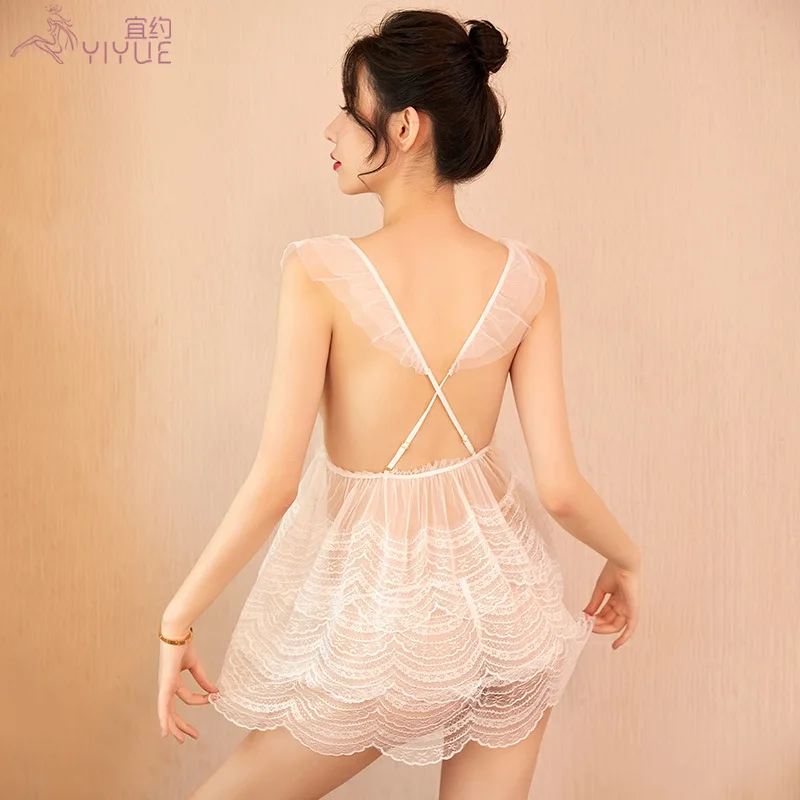

Sexy Underwear Lace Mesh Stitching Sexy Transparent Seductive Open Back Nightdress Lingerie Femme Sexy