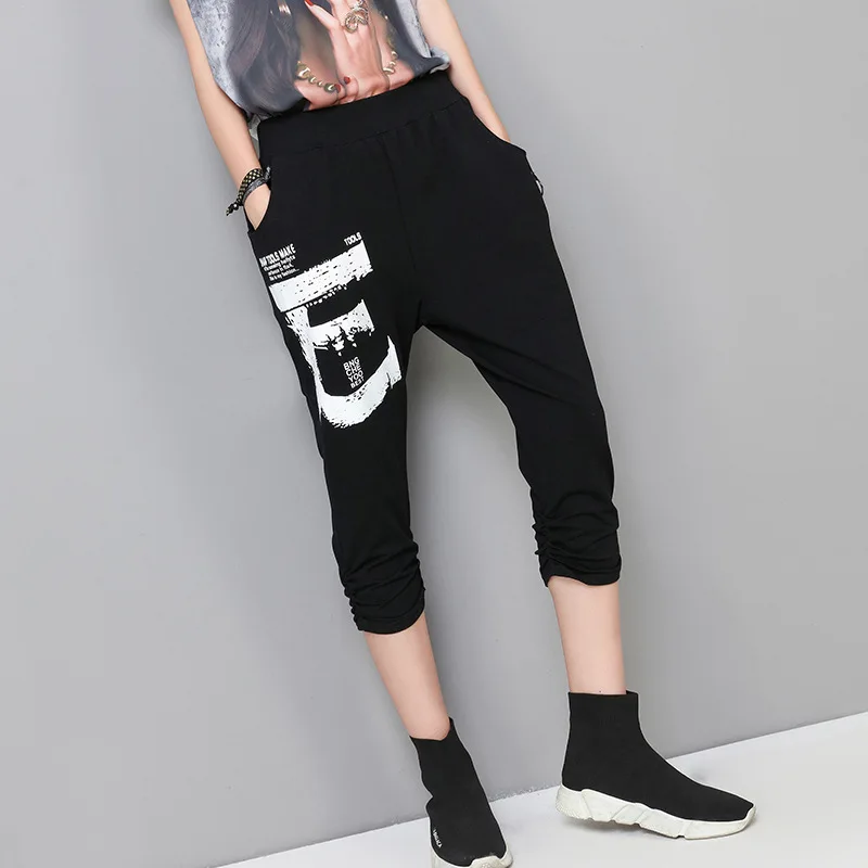 

2021 Luxury Korean Brand Ladies Summer Harem Pants Womens Elastic Black Vintage Trousers Fashion Printed Pantaloons Plus Size