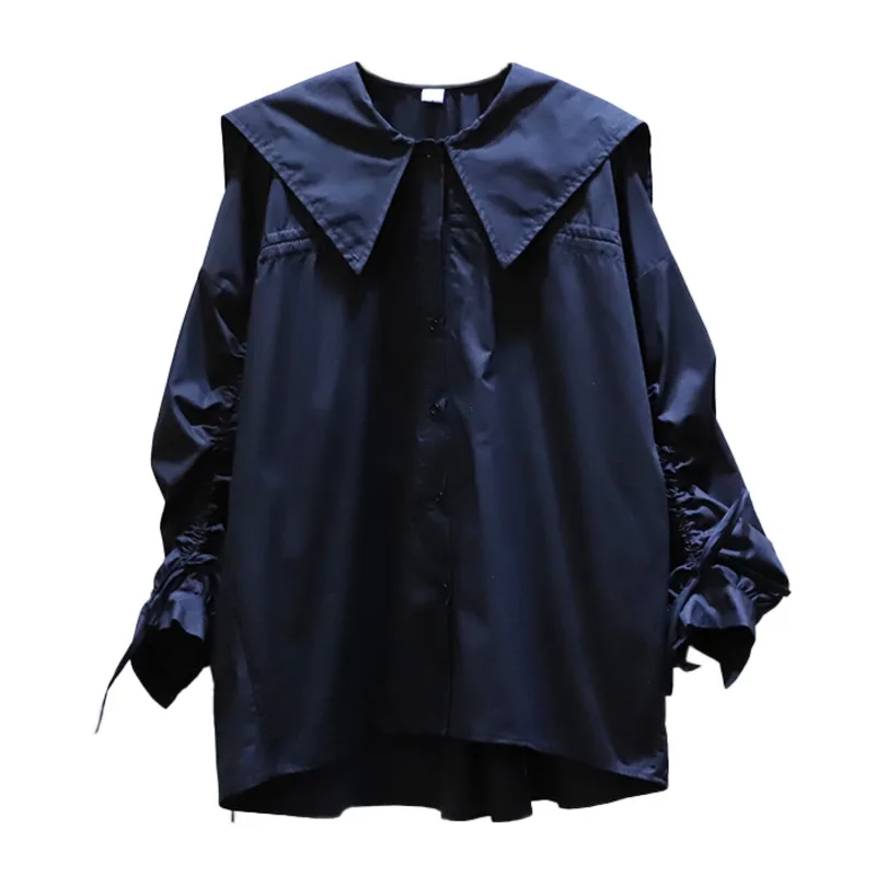 

IEQJ Lapel Collar Drawstring Sleeve Loose Shirt For Women Single Breasted Solid Casual New Fashion Tide 2021 Summer 3GD260