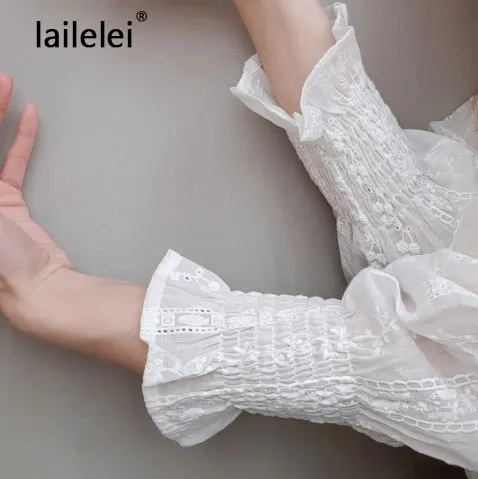 

Hook Flower Lace Blouse White Women Shirt Cotton Lantern Long Sleeve Korean Fashion Clothing Kawaii Top Spring Blusas Femininas