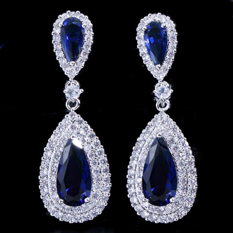 ThreeGraces Elegant Women Royal Blue Long Teardrop Cubic Zirconia Crystal Large Bridal Dangle Earrings Wedding Jewelry ER203 | Украшения и