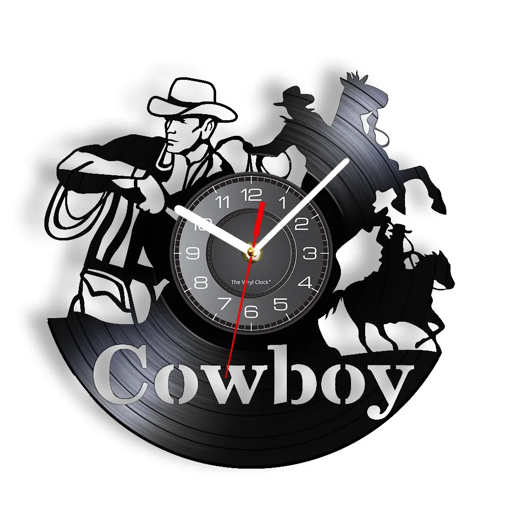 Cowboy Wall Clock Made Of Real Vinyl Record American Wild West Developer Horseback Hero Luminous Wall Watch Black Hanging Decor