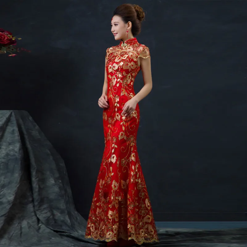 אדום סיני חתונה שמלת נקבה ארוך קצר שרוול Cheongsam זהב Slim הסיני מסורתי שמלת נשים Qipao למסיבת חתונה