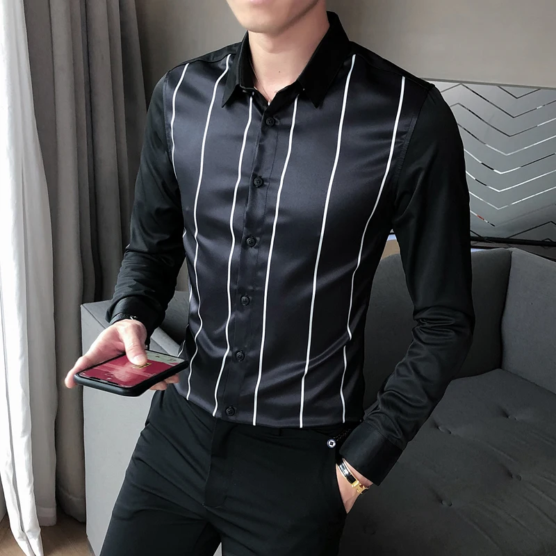 

Fall White Men Long Sleeve Black Striped Shirt Square Collar Single Breasted Fashion Slim Top High Quality Male Camisa XXXL