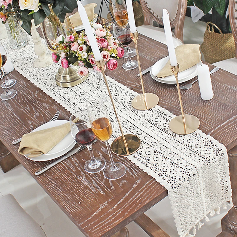 

Crochet Hollow Lace Table Runner Tassels Beige 100% Cotton Wedding Decor Tablecloth Nordic Romance Table Cover Coffee Runners