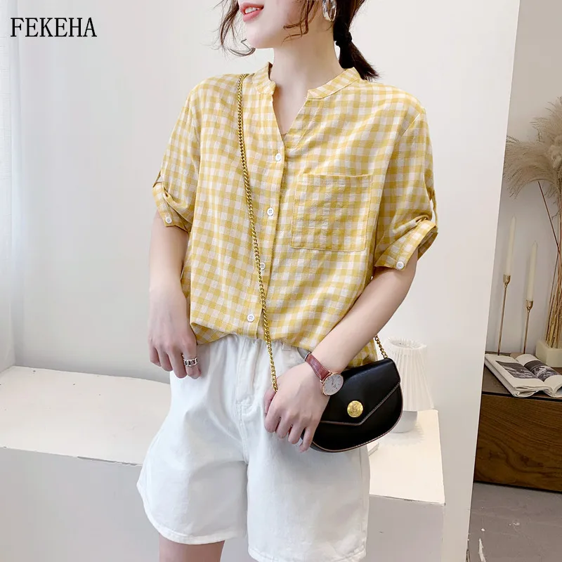 

Summer Plaid Shirts Women Blouses And Tops Cotton V Neck Half Sleeve Loose Female Clothes Checked Casual Clothing