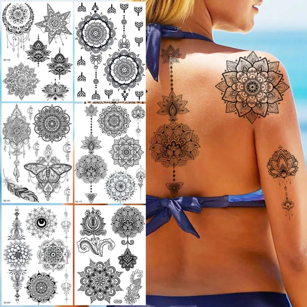 

Black Henna Temporary Tattoos For Women Girls Realistic Mandala Flower Feather Star Fake Tattoo Sticker Back Arm Tatoos