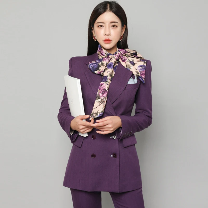 Elegant Double-breasted Purple Women Pant Suit Slim Blazer Set Female Workwear Trouser 2020 Autumn sweatsuit | Женская одежда