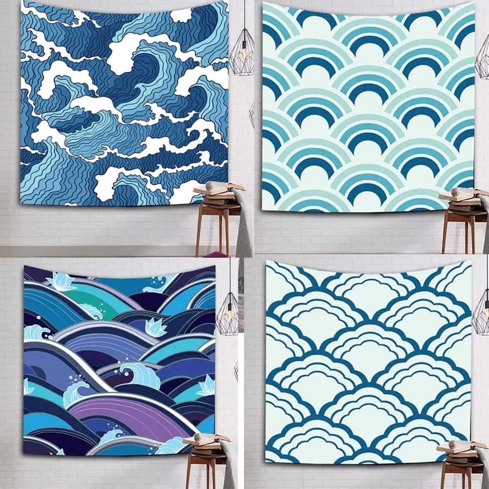 

Waves Pattern Printed Wall Hanging Tapestry Bohemian Beach Yoga Mat Home Bedroom Background Living Room Blanket Mural Decoration