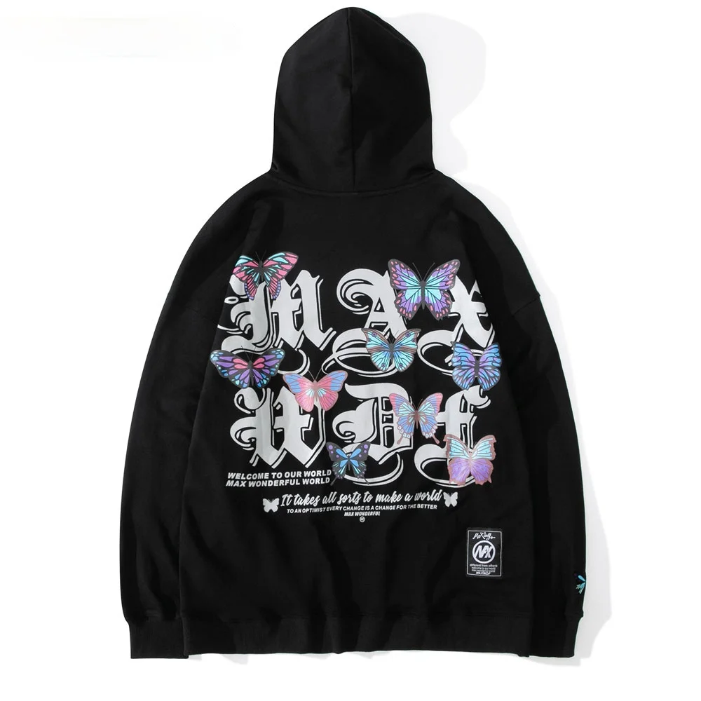 

2021 Borduren Vlinder Print Hoodies Sweatshirts Streetwear Hip Hop Harajuku Casual Hooded Tops 2020 Mens Fashion Hoodie