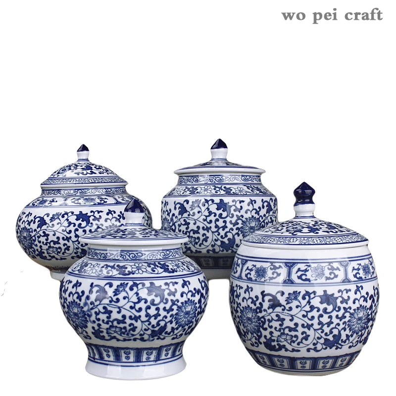 

Handicraft Ceramic Vases Round Storage Jar Tea Caddy Classical Painted Blue and White Porcelain Tabletop Vase Vintage Home Decor