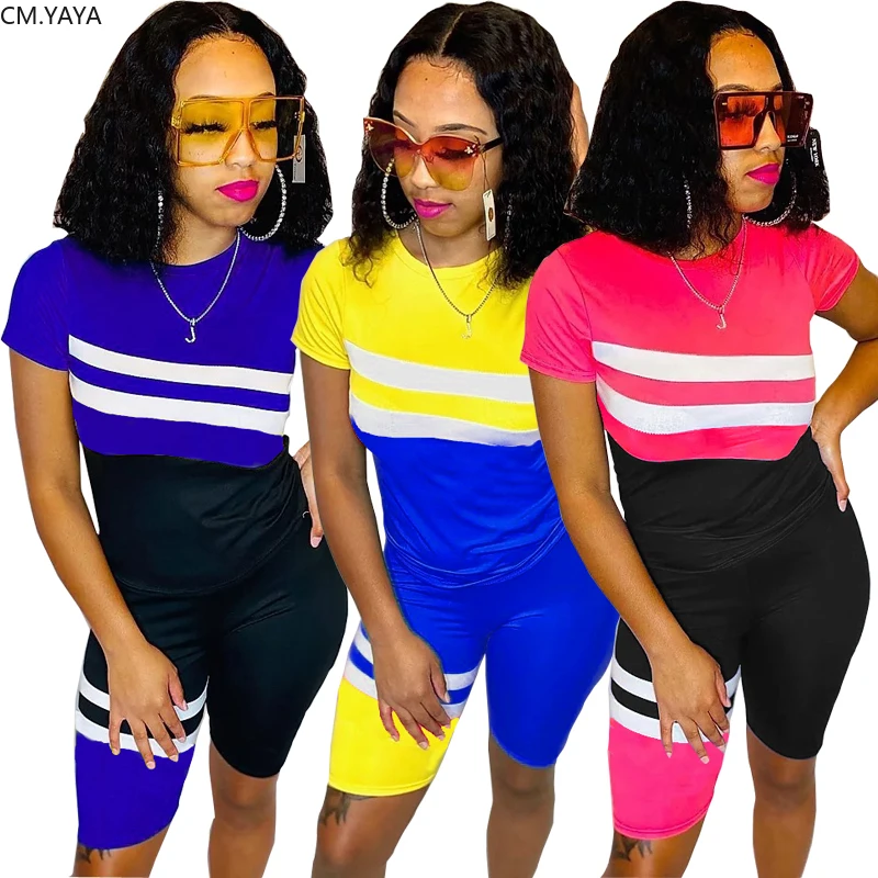 Women Two Pieces Sets stripes patchwork Tracksuits short sleeve tee tops shorts jogger pants suit Sporty Outfits matching set | Женская