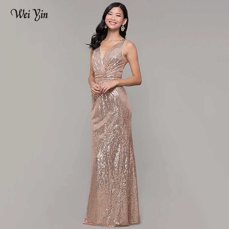 

Weiyin AE0520 Sexy Navy Blue Long Prom Dresses Double V-Neck Sequined Elegant Evening Party Gowns Gala Jurken Dames 2021