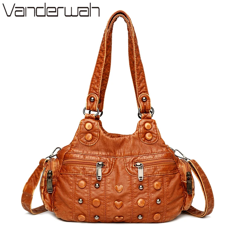 Дизайнерская Женская сумочка с заклепками мягкие потертые Винтажные Сумки из