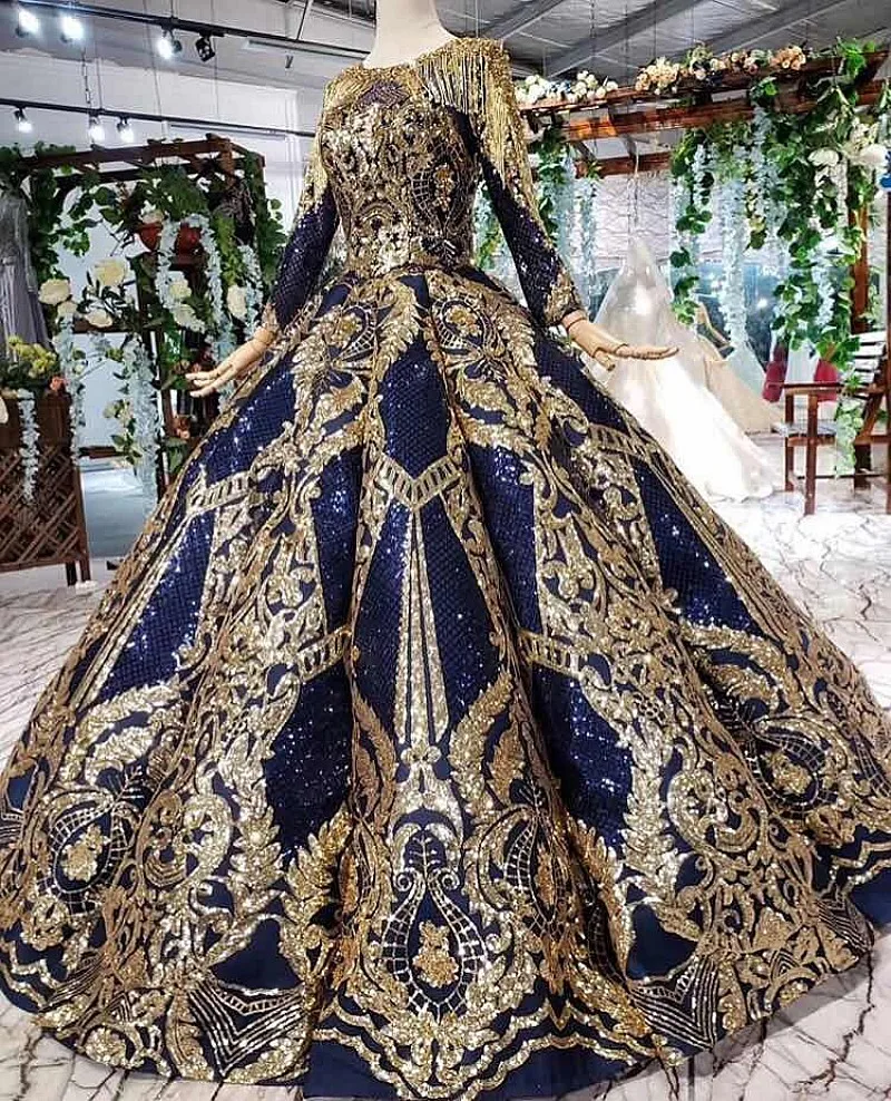 Long Sleeves Ball Gowns Wedding Dresses 2020 Arabic Muslim African Gold Lace Vintage for Bridal Women Wear
