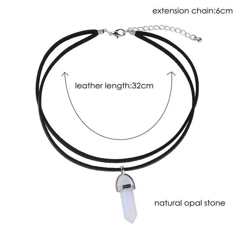 

Natural Reiki Chakra Necklace Crystal Hexagonal Pointed Chakra Stones Pendant Women Black PU Leather Choker Statement Necklace