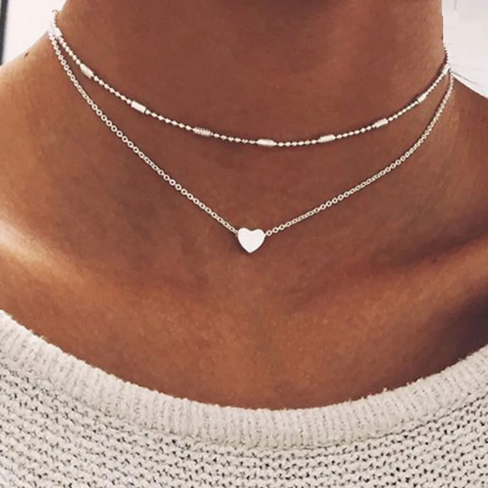 Простой золотистый чокер с сердечком ожерелье многослойное бисерное воротником